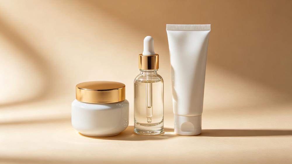 Illustration of a cream jar, serum bottle and tube