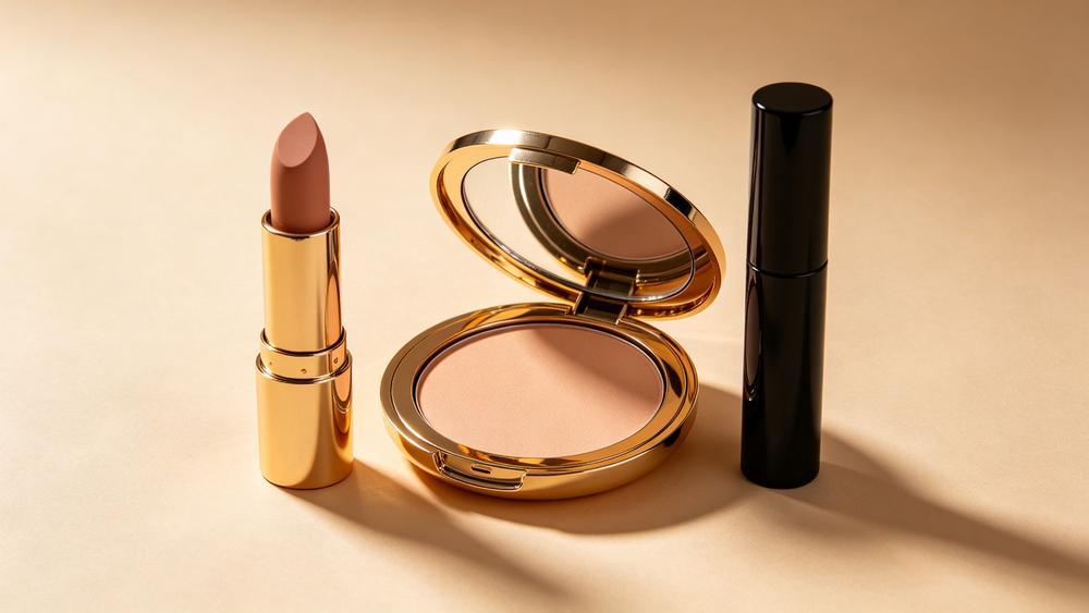 Illustration of makeup brushes, beauty sponges and a travel kit