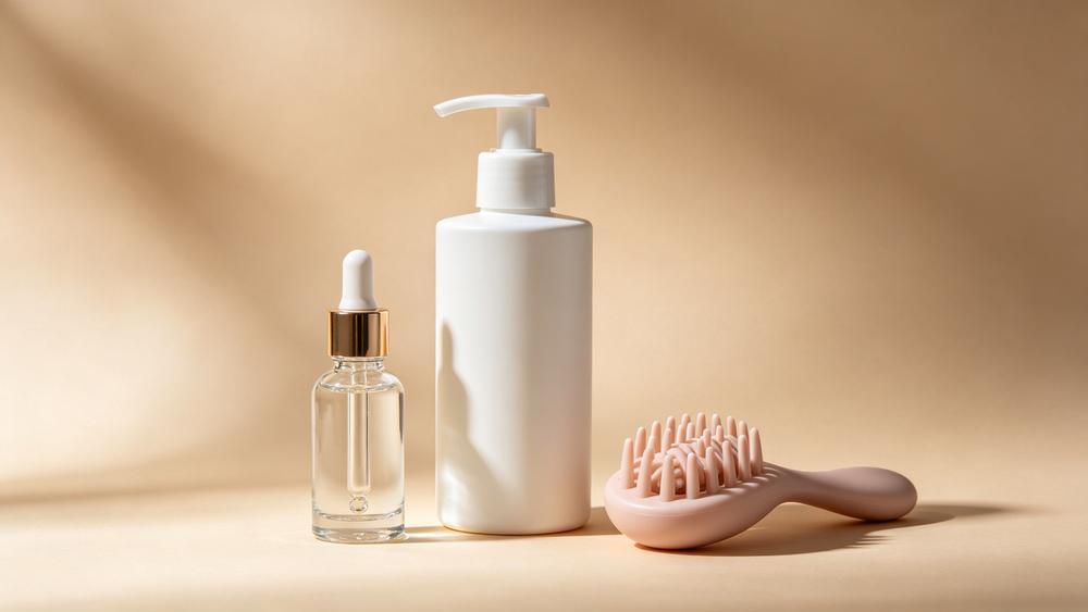 Illustration of a serum dropper, pump bottle and scalp roller