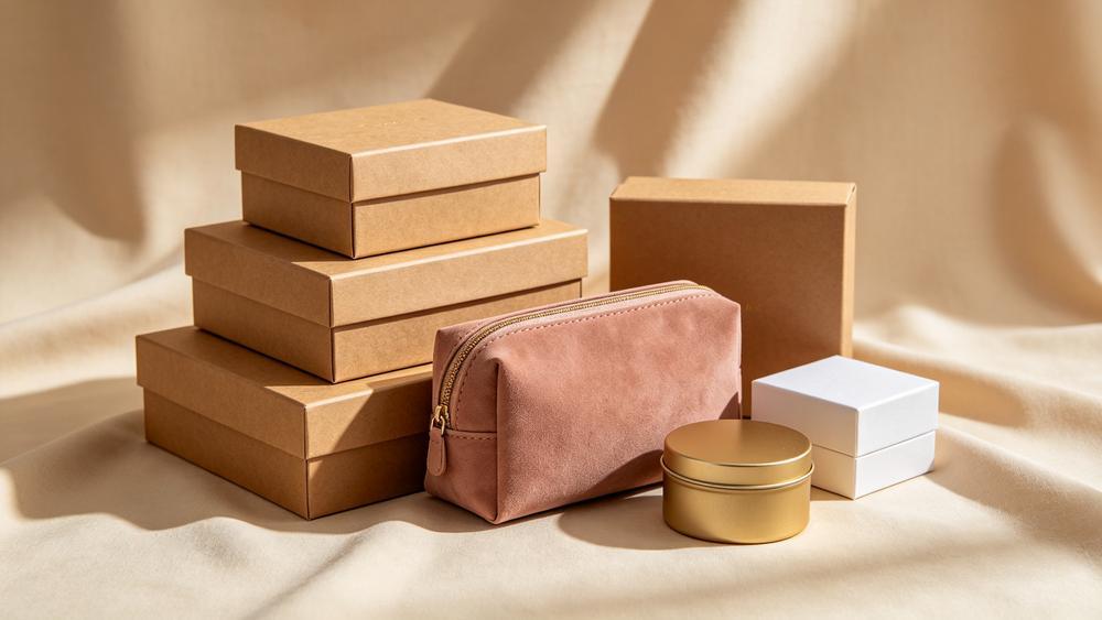 Illustration of custom gift boxes, cosmetic pouches and tins in Lonyard's warm studio style